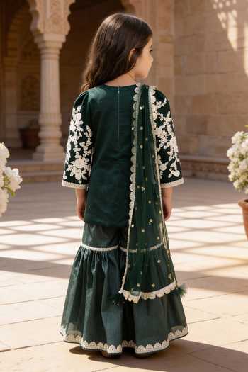 Shop_FAYON KIDS_Green Cotton, Net Embroidery Kurta Sharara Set _at_Aza_Fashions