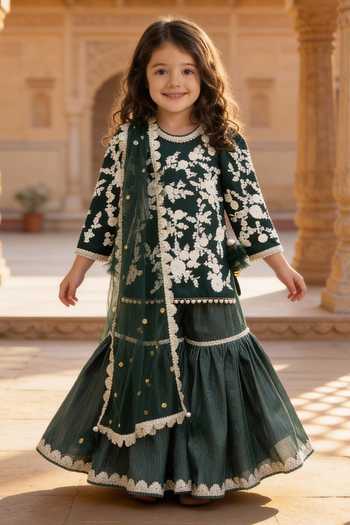 Buy_FAYON KIDS_Green Cotton, Net Embroidery Kurta Sharara Set _at_Aza_Fashions