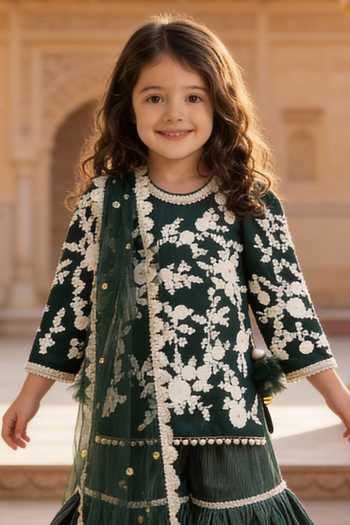 FAYON KIDS_Green Cotton, Net Embroidery Kurta Sharara Set _Online_at_Aza_Fashions