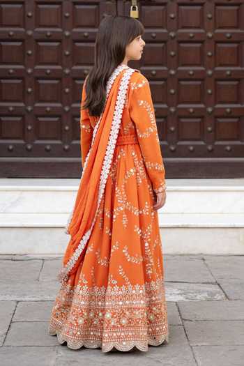 Shop_FAYON KIDS_Orange Georgette Embroidery, Ruffles Anarkali With Dupatta _at_Aza_Fashions
