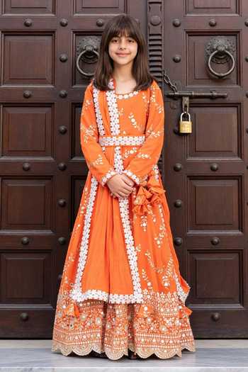 Buy_FAYON KIDS_Orange Georgette Embroidery, Ruffles Anarkali With Dupatta _at_Aza_Fashions