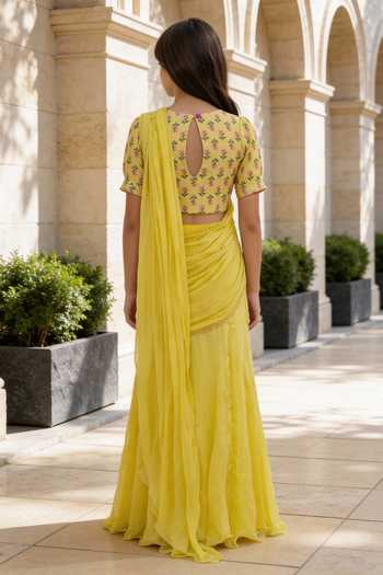 Shop_FAYON KIDS_Yellow Cotton, Chiffon Lace Pre-draped Saree With Printed Blouse _at_Aza_Fashions