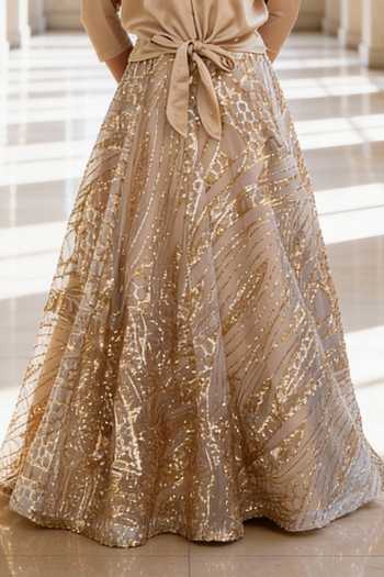 Buy_FAYON KIDS_Beige Satin, Net Sequins Shirt With Embroidered Skirt _Online_at_Aza_Fashions