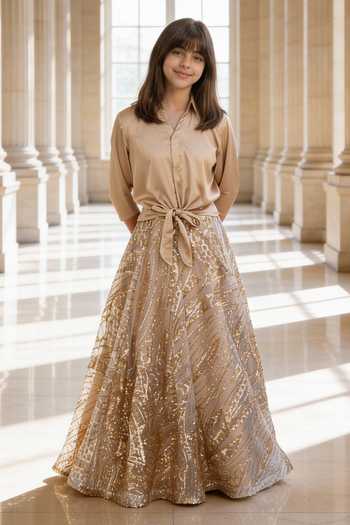 Buy_FAYON KIDS_Beige Satin, Net Sequins Shirt With Embroidered Skirt _at_Aza_Fashions