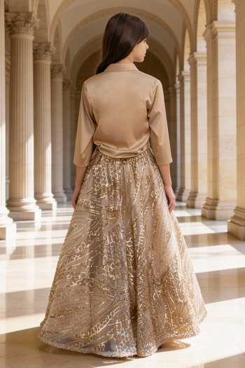 Shop_FAYON KIDS_Beige Satin, Net Sequins Shirt With Embroidered Skirt _at_Aza_Fashions