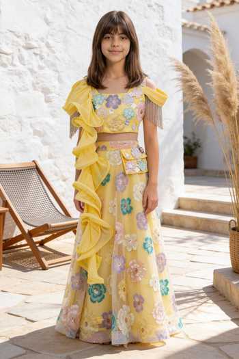 Buy_FAYON KIDS_Yellow Net, Georgette Embroidery, Sequins Blossom Fantasy Lehenga Set _at_Aza_Fashions