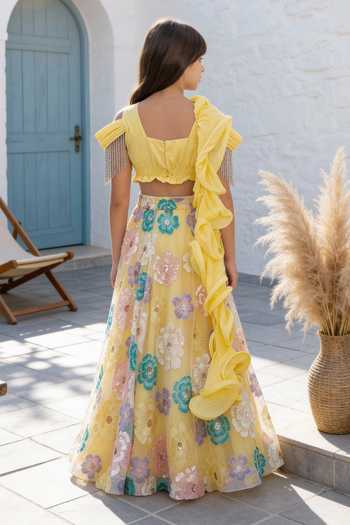 Shop_FAYON KIDS_Yellow Net, Georgette Embroidery, Sequins Blossom Fantasy Lehenga Set _at_Aza_Fashions