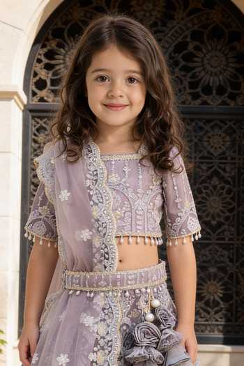 FAYON KIDS_Grey Net Sequins, Beads, Pearls, Tassels Thread Embroidered Lehenga Set _Online_at_Aza_Fashions