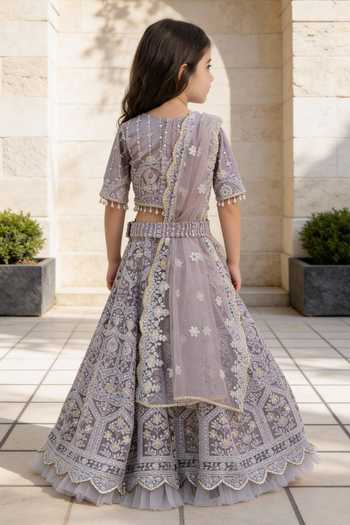 Shop_FAYON KIDS_Grey Net Sequins, Beads, Pearls, Tassels Thread Embroidered Lehenga Set _at_Aza_Fashions