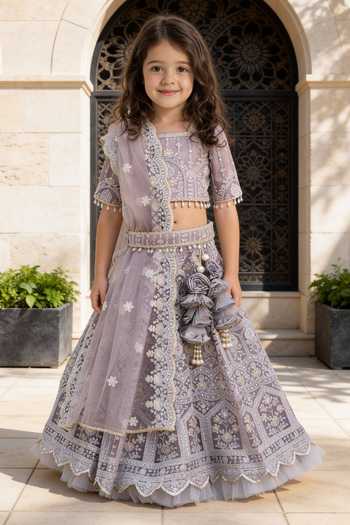 Buy_FAYON KIDS_Grey Net Sequins, Beads, Pearls, Tassels Thread Embroidered Lehenga Set _at_Aza_Fashions