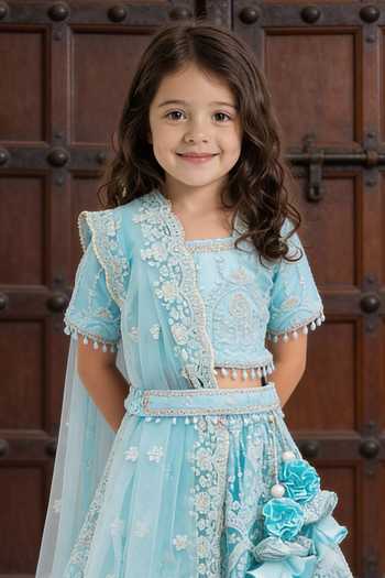 FAYON KIDS_Blue Net Embroidery, Sequins, Tassels, Fabric Flowers Thread Lehenga Set _Online_at_Aza_Fashions