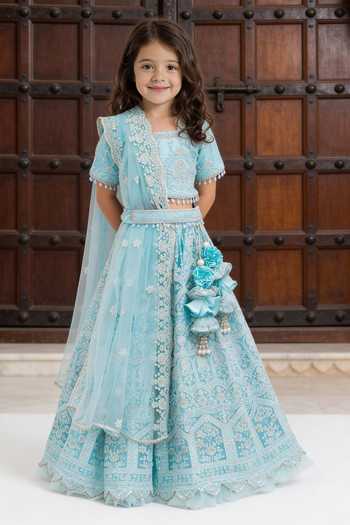 Buy_FAYON KIDS_Blue Net Embroidery, Sequins, Tassels, Fabric Flowers Thread Lehenga Set _at_Aza_Fashions