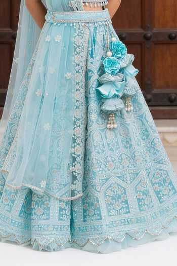 Buy_FAYON KIDS_Blue Net Embroidery, Sequins, Tassels, Fabric Flowers Thread Lehenga Set _Online_at_Aza_Fashions