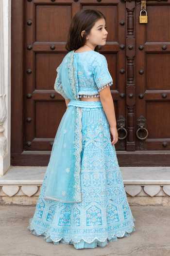 Shop_FAYON KIDS_Blue Net Embroidery, Sequins, Tassels, Fabric Flowers Thread Lehenga Set _at_Aza_Fashions