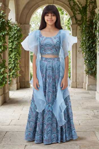 Buy_FAYON KIDS_Blue Organza, Net Sequins, Beads, Tassels Cutdana Embroidered Lehenga Set _at_Aza_Fashions