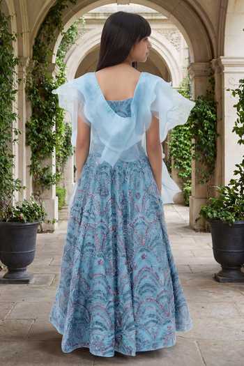 Shop_FAYON KIDS_Blue Organza, Net Sequins, Beads, Tassels Cutdana Embroidered Lehenga Set _at_Aza_Fashions
