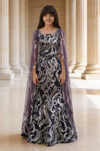 Buy_FAYON KIDS_Purple Net Embroidery, Sequins Cutdana Lehenga And Blouse Set _at_Aza_Fashions