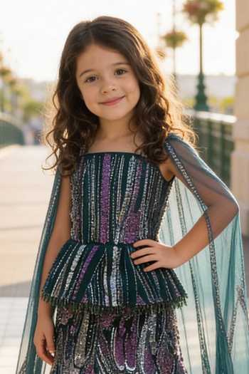 FAYON KIDS_Green Net Sequins, Tassels, Embroidery, Lace Cutdana Peplum Top And Lehenga Set _Online_at_Aza_Fashions
