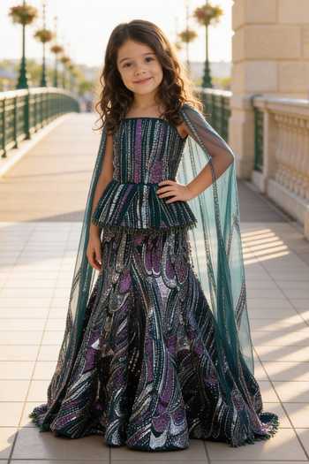 Buy_FAYON KIDS_Green Net Sequins, Tassels, Embroidery, Lace Cutdana Peplum Top And Lehenga Set _at_Aza_Fashions