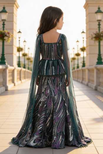 Shop_FAYON KIDS_Green Net Sequins, Tassels, Embroidery, Lace Cutdana Peplum Top And Lehenga Set _at_Aza_Fashions