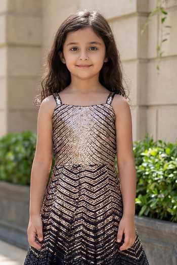 FAYON KIDS_Black Net Sequins, Stones, Feathers Embroidered Gown _Online_at_Aza_Fashions