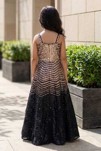 Shop_FAYON KIDS_Black Net Sequins, Stones, Feathers Embroidered Gown _at_Aza_Fashions