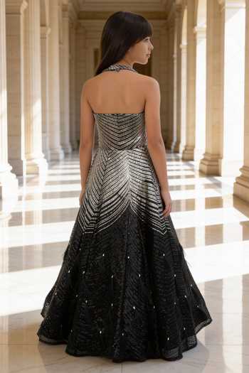 Shop_FAYON KIDS_Black Net Sequins, Stones, Feathers Embroidered Flared Gown _at_Aza_Fashions