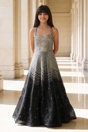 Buy_FAYON KIDS_Black Net Sequins, Stones, Feathers Embroidered Flared Gown _at_Aza_Fashions
