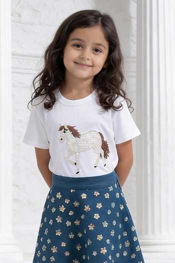 FAYON KIDS_White Cotton, Denim Embroidery T-shirt And Skirt Set _Online_at_Aza_Fashions