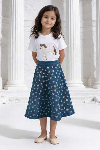 Buy_FAYON KIDS_White Cotton, Denim Embroidery T-shirt And Skirt Set _at_Aza_Fashions