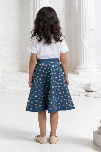 Shop_FAYON KIDS_White Cotton, Denim Embroidery T-shirt And Skirt Set _at_Aza_Fashions