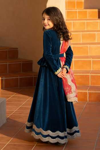 Shop_FAYON KIDS_Teal Organza, Velvet Lace, Tassels, Fabric Lehenga Set With Printed Dupatta _at_Aza_Fashions