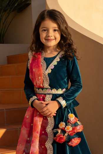 FAYON KIDS_Teal Organza, Velvet Lace, Tassels, Fabric Lehenga Set With Printed Dupatta _Online_at_Aza_Fashions