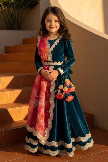 Buy_FAYON KIDS_Teal Organza, Velvet Lace, Tassels, Fabric Lehenga Set With Printed Dupatta _at_Aza_Fashions