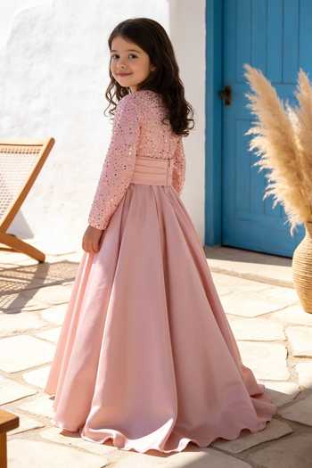 Shop_FAYON KIDS_Pink Satin, Net Embroidery, Sequins Gown _at_Aza_Fashions