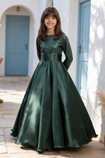 Buy_FAYON KIDS_Green Satin, Net Embroidery, Sequins Gown _at_Aza_Fashions