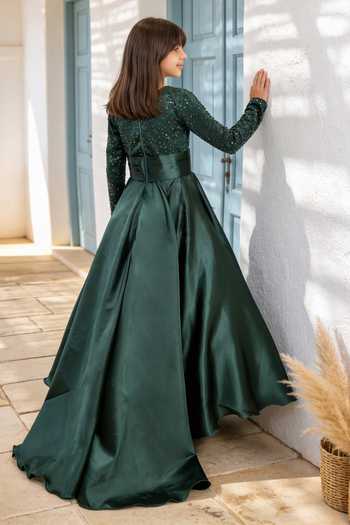 Shop_FAYON KIDS_Green Satin, Net Embroidery, Sequins Gown _at_Aza_Fashions
