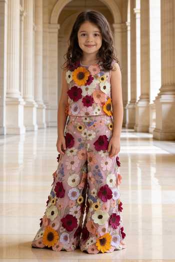 Buy_FAYON KIDS_Pink Net Fabric Flowers 3d Top With Palazzo _at_Aza_Fashions