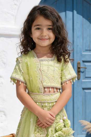 FAYON KIDS_Green Net Sequins, Beads, Pearls, Tassels Thread Embroidered Lehenga Set _Online_at_Aza_Fashions