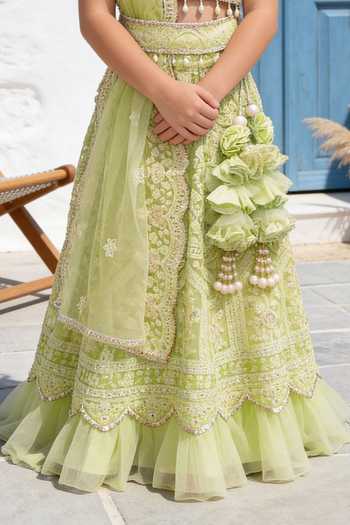 Buy_FAYON KIDS_Green Net Sequins, Beads, Pearls, Tassels Thread Embroidered Lehenga Set _Online_at_Aza_Fashions