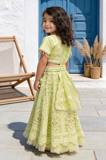 Shop_FAYON KIDS_Green Net Sequins, Beads, Pearls, Tassels Thread Embroidered Lehenga Set _at_Aza_Fashions
