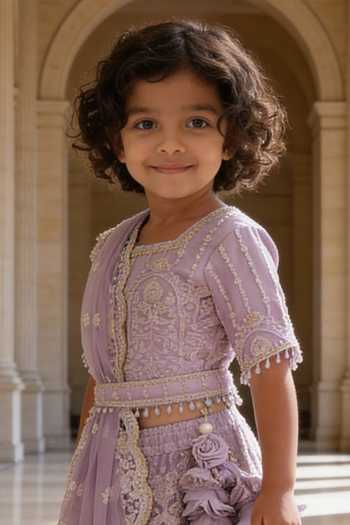 FAYON KIDS_Lilac Net Embroidery, Sequins, Beads, Tassels Thread Lehenga Set _Online_at_Aza_Fashions
