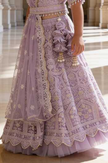 Buy_FAYON KIDS_Lilac Net Embroidery, Sequins, Beads, Tassels Thread Lehenga Set _Online_at_Aza_Fashions