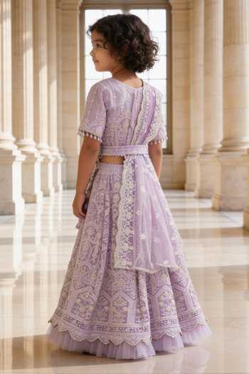 Shop_FAYON KIDS_Lilac Net Embroidery, Sequins, Beads, Tassels Thread Lehenga Set _at_Aza_Fashions