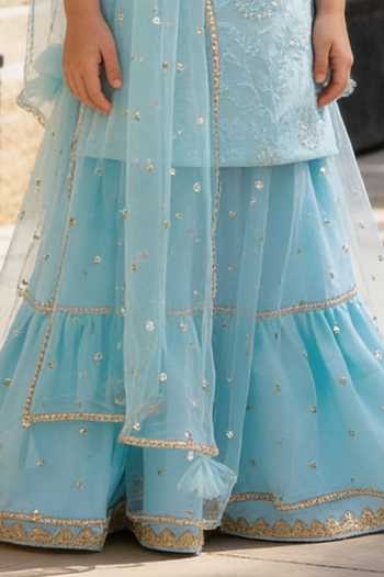 FAYON KIDS_Blue Georgette, Net Embroidery Kurta Lehenga Set _Online_at_Aza_Fashions