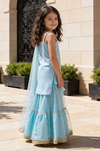 Shop_FAYON KIDS_Blue Georgette, Net Embroidery Kurta Lehenga Set _at_Aza_Fashions