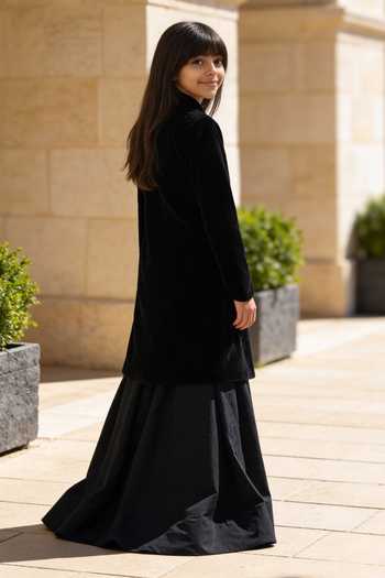 Shop_FAYON KIDS_Black Cotton, Velvet Embroidery, Sequins Long Jacket And Lehenga Set _at_Aza_Fashions