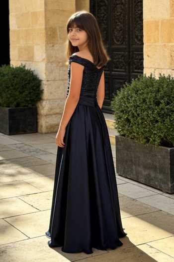 Shop_FAYON KIDS_Black Satin, Net Embroidery, Sequins Gown _at_Aza_Fashions