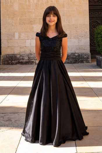 Buy_FAYON KIDS_Black Satin, Net Embroidery, Sequins Gown _at_Aza_Fashions