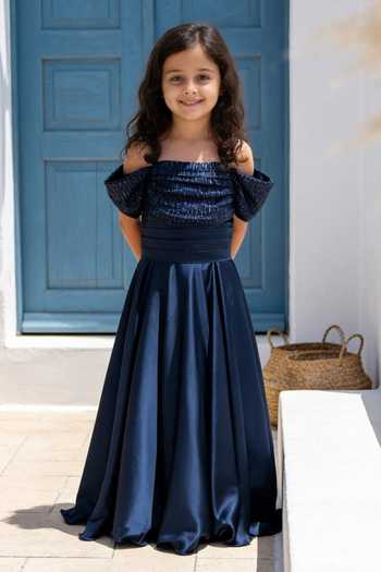 Buy_FAYON KIDS_Blue Satin, Net Embroidery, Sequins Gown _at_Aza_Fashions